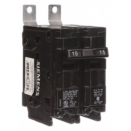 Siemens Miniature Circuit Breaker, BL Series, 15A, 2 Pole, 120/240V AC, 22kA at 120/240V AC B215H