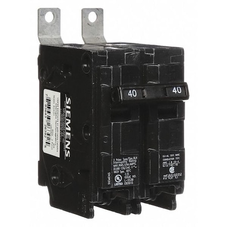 Siemens Miniature Circuit Breaker, BL Series, 40A, 2 Pole, 120/240V AC, 22kA at 120/240V AC B240H