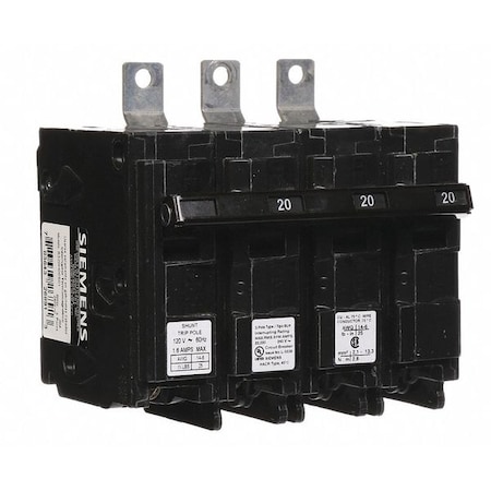 Siemens Miniature Circuit Breaker, BL Series, 20A, 3 Pole, 120/240V AC, 22kA at 240V AC B320H00S01