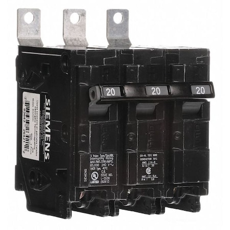 Siemens Miniature Circuit Breaker, BL Series, 20A, 3 Pole, 240V AC, 65kA at 240V AC B320HH