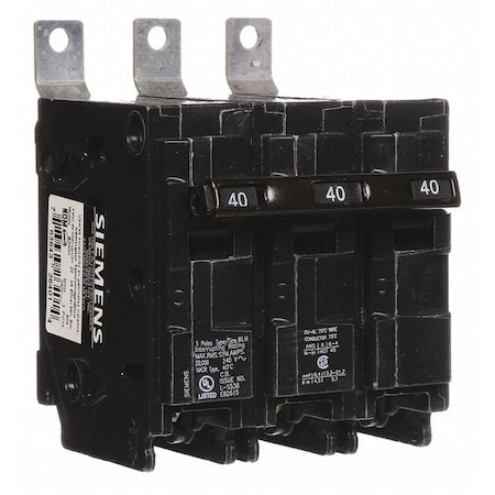 Siemens Miniature Circuit Breaker, BL Series, 40A, 3 Pole, 240V AC, 22kA at 120/240V AC B340H