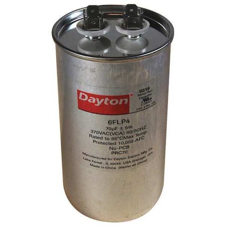 DAYTON Motor Run Capacitor, 70 MFD, 370V, Round 6FLP4