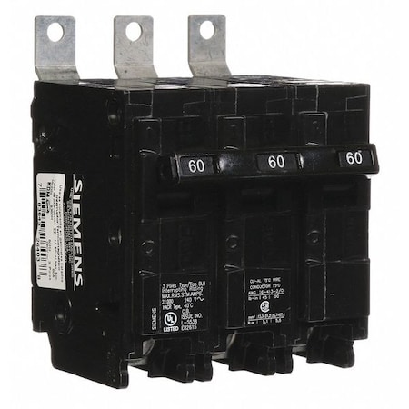 Siemens Miniature Circuit Breaker, BL Series, 60A, 3 Pole, 240V AC, 22kA at 240V AC B360H