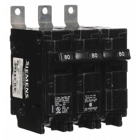 Siemens Miniature Circuit Breaker, BL Series, 80A, 3 Pole, 240V AC, 22kA at 240V AC B380H