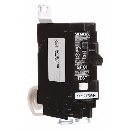 Siemens Miniature Circuit Breaker, BFH Series, 15A, 1 Pole, 120V AC, 22kA at 120V AC BF115H