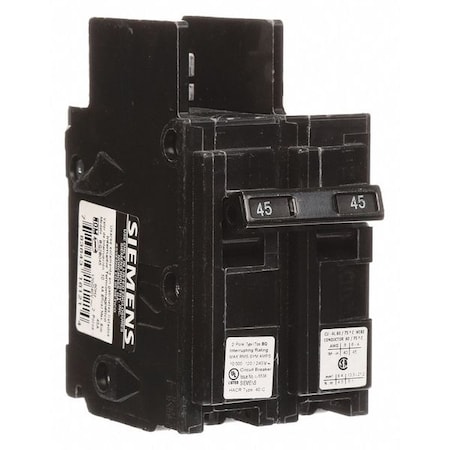 Siemens Miniature Circuit Breaker, BQ Series, 45A, 2 Pole, 120/240V AC, 10kA at 120/240V AC BQ2B045