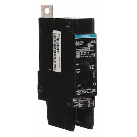 Siemens Miniature Circuit Breaker, BQD Series, 40A, 1 Pole, 277V AC, 14kA at 277V AC BQD140