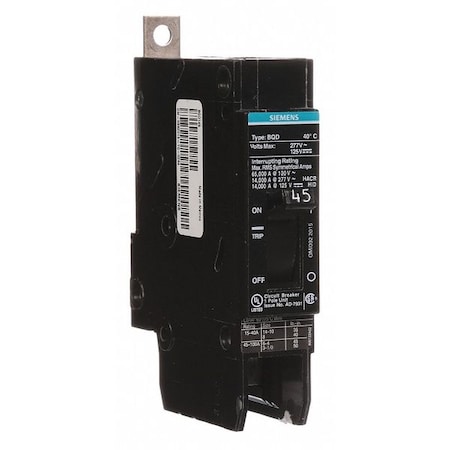 Siemens Miniature Circuit Breaker, BQD Series, 45A, 1 Pole, 277V AC, 14kA at 277V AC BQD145