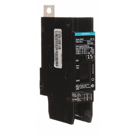 Siemens Miniature Circuit Breaker, BQD Series, 15A, 1 Pole, 277V AC, 14kA at 277V AC BQD115