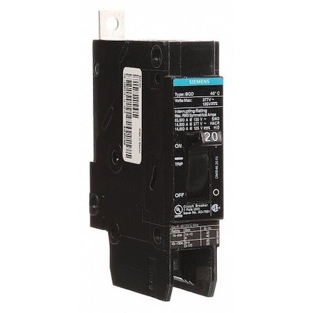 Siemens Miniature Circuit Breaker, BQD Series, 20A, 1 Pole, 277V AC, 14kA at 277V AC BQD120