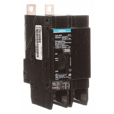 Siemens Miniature Circuit Breaker, BQD Series, 30A, 2 Pole, 480V AC, 14kA at 480V AC BQD230