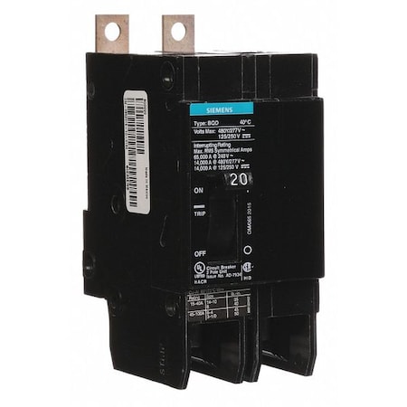 Siemens Miniature Circuit Breaker, BQD Series, 20A, 2 Pole, 480V AC, 14kA at 480V AC BQD220