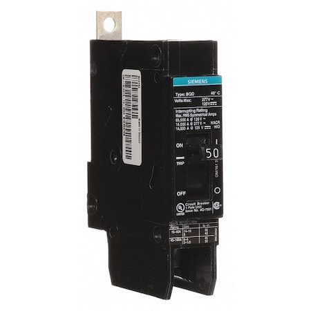 Siemens Miniature Circuit Breaker, BQD Series, 50A, 1 Pole, 277V AC, 14kA at 277V AC BQD150