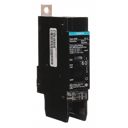 Siemens Miniature Circuit Breaker, BQD Series, 60A, 1 Pole, 277V AC, 14kA at 277V AC BQD160