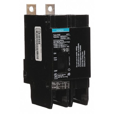 Siemens Miniature Circuit Breaker, BQD Series, 90A, 2 Pole, 480V AC, 14kA at 480V AC BQD290