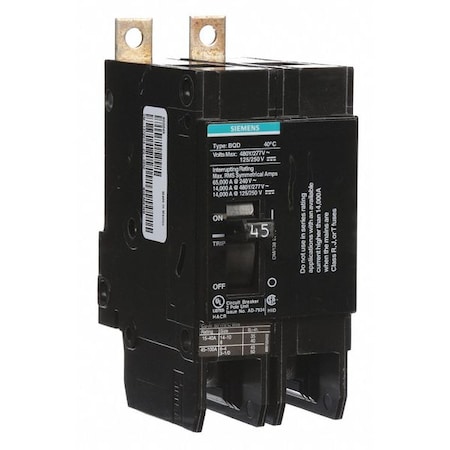 Siemens Miniature Circuit Breaker, BQD Series, 45A, 2 Pole, 480V AC, 14kA at 480V AC BQD245