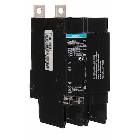 Siemens Miniature Circuit Breaker, BQD Series, 80A, 2 Pole, 480V AC, 14kA at 480V AC BQD280