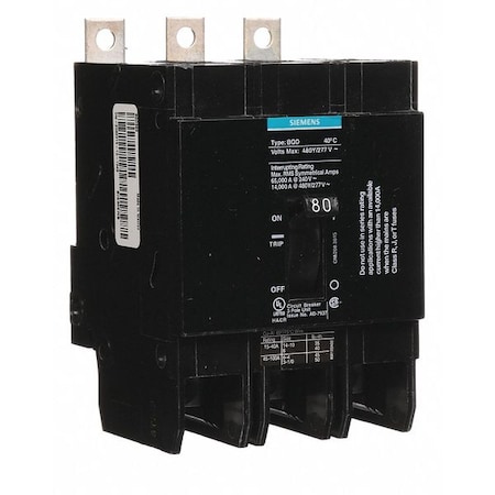 Siemens Miniature Circuit Breaker, BQD Series, 80A, 3 Pole, 480V AC, 14kA at 480V AC BQD380