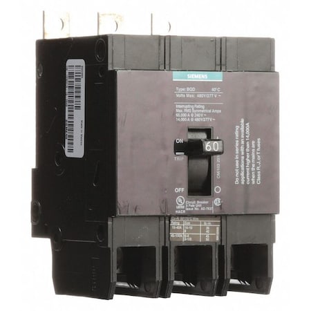 Siemens Miniature Circuit Breaker, BQD Series, 60A, 3 Pole, 480V AC, 14kA at 480V AC BQD360