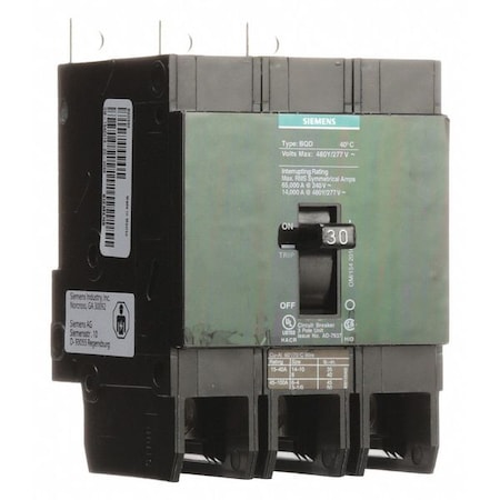 Siemens Miniature Circuit Breaker, BQD Series, 30A, 3 Pole, 480V AC, 14kA at 480V AC BQD330