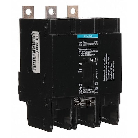 Siemens Miniature Circuit Breaker, BQD Series, 40A, 3 Pole, 480V AC, 14kA at 480V AC BQD340