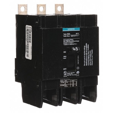 Siemens Miniature Circuit Breaker, BQD Series, 45A, 3 Pole, 480V AC, 14kA at 480V AC BQD345