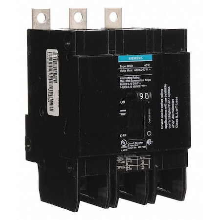 Siemens Miniature Circuit Breaker, BQD Series, 90A, 3 Pole, 480V AC, 14kA at 480V AC BQD390