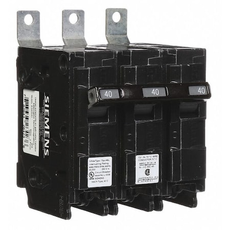 Siemens Miniature Circuit Breaker, BL Series, 40A, 3 Pole, 240V AC, 65kA at 120/240V AC B340HH