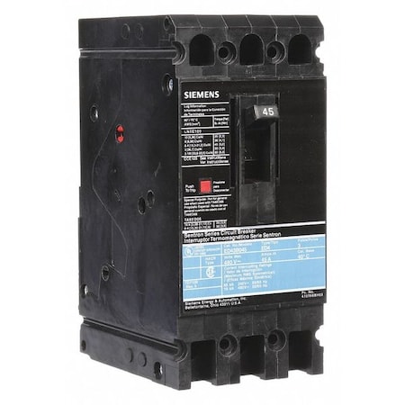 Siemens Molded Case Circuit Breaker, ED4 Series, 45A, 3 Pole, 480V AC, 18kA at 480V AC ED43B045