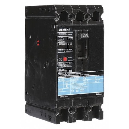 Siemens Molded Case Circuit Breaker, ED4 Series, 125A, 3 Pole, 480V AC, 18kA at 480V AC ED43B125