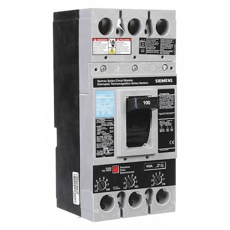Siemens Molded Case Circuit Breaker, FXD6-A Series, 100A, 3 Pole, 600V AC, 22kA at 600V AC FXD63B100
