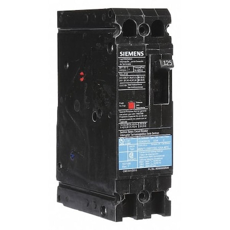 Siemens Molded Case Circuit Breaker, ED4 Series, 125A, 2 Pole, 480V AC, 18kA at 480V AC ED42B125