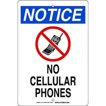 Brady NoticeNo Cellular Phones, 18 in x 12 in, Rectangle, Aluminum, 141791 141791