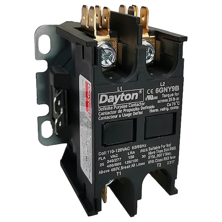 Dayton Definite Purpose Magnetic Contactor, 120V AC, 2 P, Non-Reversing, 1 Phase, Screw 6GNY9