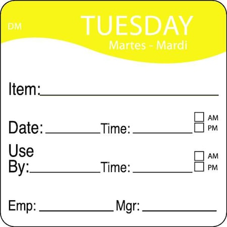 Daymark Day Label, Tuesday, 2-5/9 In. W, PK250 1100532