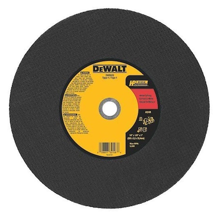 Dewalt Abrasive Cut-Off Wheel, Type 1, 14 in Dia, 0.125 in Thick, 1 in Arbor Hole Size, Aluminum Oxide DW8020