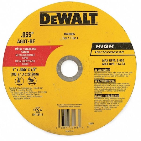 Dewalt Abrasive Cut-Off Wheel, Type 1, 7 in Dia, 0.045 in Thick, 7/8 in Arbor Hole Size, Aluminum Oxide DW8065