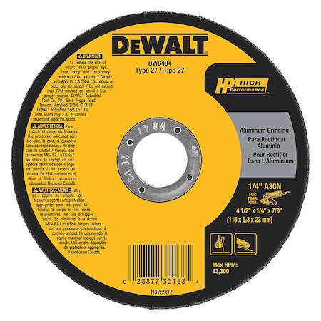 Dewalt Depressed Center Grinding Wheel, Type 27, 4 1/2 in Dia, 0.25 in Thick, 7/8 in Arbor Hole Size DW8404
