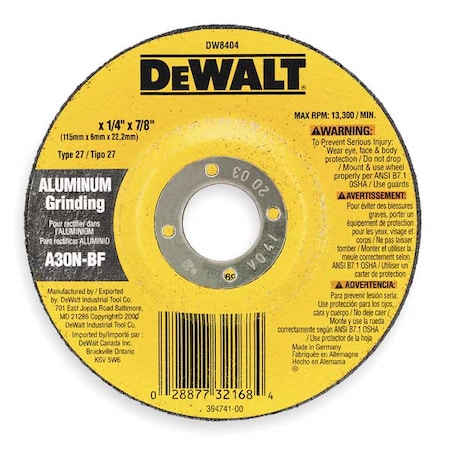 Dewalt Depressed Center Grinding Wheel, Type 27, 4 1/2 in Dia, 0.25 in Thick, 5/8"-11 Arbor Hole Size DW8405