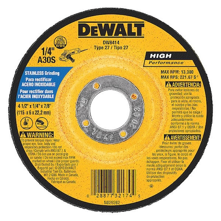 Dewalt Depressed Center Grinding Wheel, Type 27, 4 1/2 in Dia, 0.25 in Thick, 7/8 in Arbor Hole Size DW8414