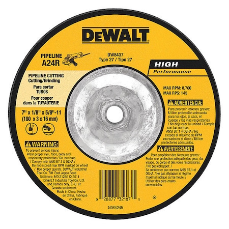 Dewalt Cut-Off & Grinding Wheel, Type 27, 7 in Dia, 0.125 in Thick, 5/8"-11 Arbor Hole Size, 24 Grit DW8437