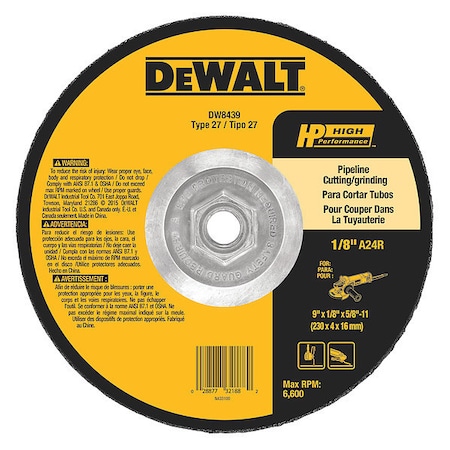 Dewalt Cut-Off & Grinding Wheel, Type 27, 9 in Dia, 0.125 in Thick, 5/8"-11 Arbor Hole Size, 24 Grit DW8439