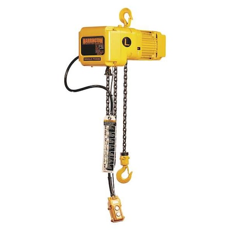 HARRINGTON Electric Chain Hoist, 1,000 lb, 10 ft, Hook Mounted - No Trolley, Yellow SNER005L-10