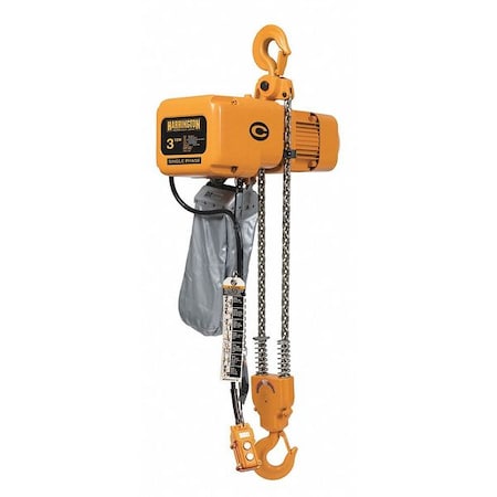 Harrington Electric Chain Hoist, 6,000 lb, 20 ft, Hook Mounted - No Trolley, 115/230V AC, Yellow SNER030C-20