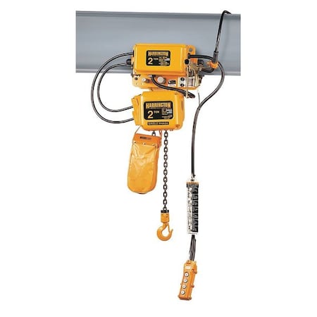 Harrington Electric Chain Hoist, 4,000 lb, 15 ft, Motorized Trolley, 115/230V AC, Yellow SNERM020L-L-15