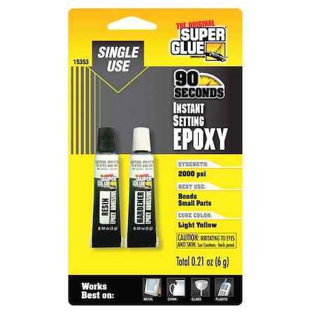 Super Glue Epoxy Adhesive, Instant Setting Epoxy Series, Yellow, Tube, 1:01 Mix Ratio, 10 min Functional Cure 15353-12