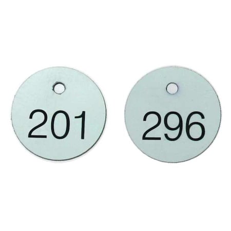 Accuform Engraved Numbered Tags, Plastic, 1 1/8 in H x 1 1/8 in W, 1 1/8 in Dia., Black/White, Round, 100 PK TDG302WT