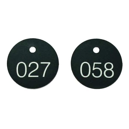 Accuform Engraved Numbered Tags, Plastic, 1 1/8 in H x 1 1/8 in W, 1 1/8 in Dia., Black/White, Round, 100 PK TDG300BK
