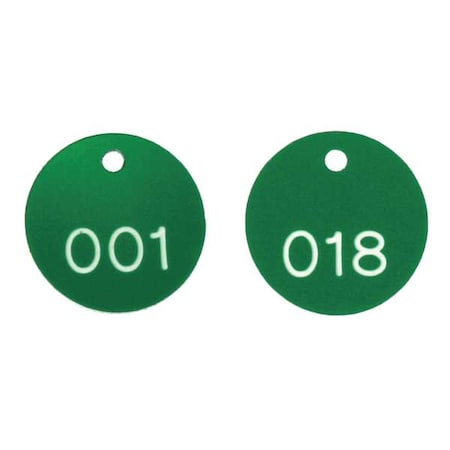 Accuform Engraved Numbered Tags, Plastic, 1 1/8 in H x 1 1/8 in W, 1 1/8 in Dia., Green/White, Round, 100 PK TDG302GN