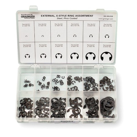 Zoro Select External Retaining Ring Assortment, Steel, Phosphate Finish, 255 Pieces RCE1287STPA